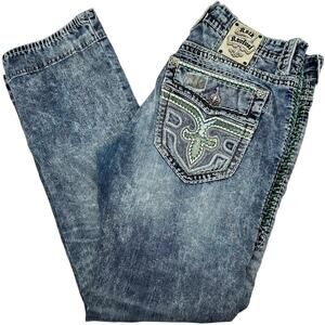 Men's Camo Distressed Rock Revival Lowry Slight Straight Jeans Green Embroidery